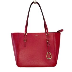 LAUREN RALPH LAUREN Bennington Leather Shopper Medium Tote Bag • red, gold